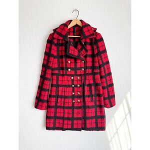 W118 by Walter Baker Red Black Plaid Double Breasted Peacoat Gold Crest Buttons